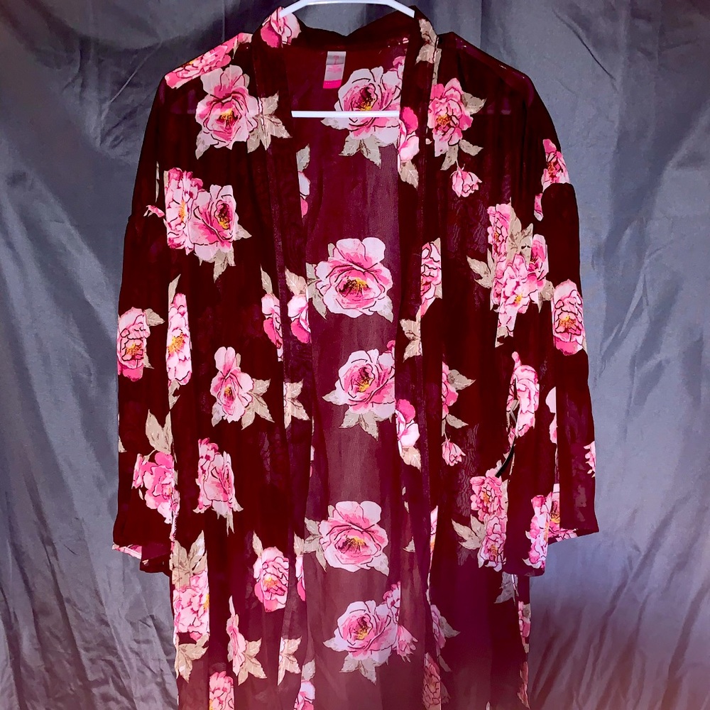 Burgundy and Pink and White Flowers Chiffon Duster